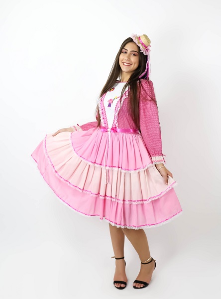 Festa Junina Vestido bal�o rosa bolinha